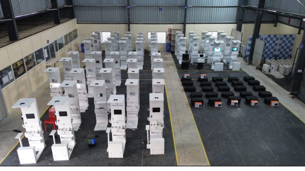 Rows of health ATM enclosures on the production floor awaiting assembly